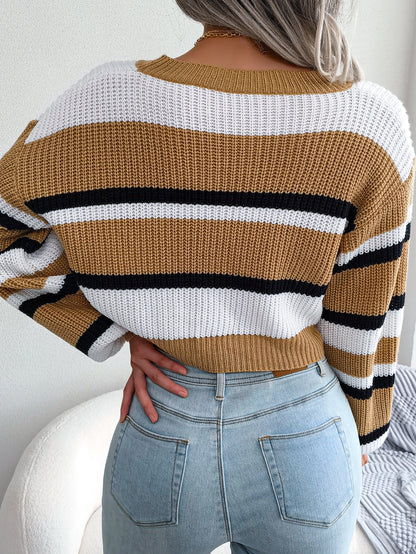 Casual Striped Long Sleeve Cropped Knit Sweater