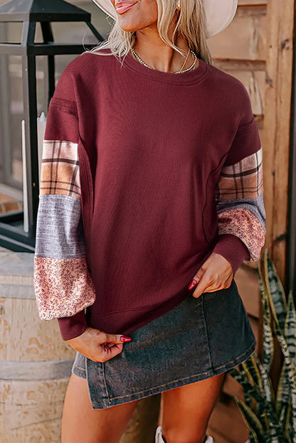 Women's Casual Patchwork Printed Sleeve Pullover Sweater