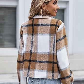 Top Women's Flannel Short Jacket Plaid Button Shirt