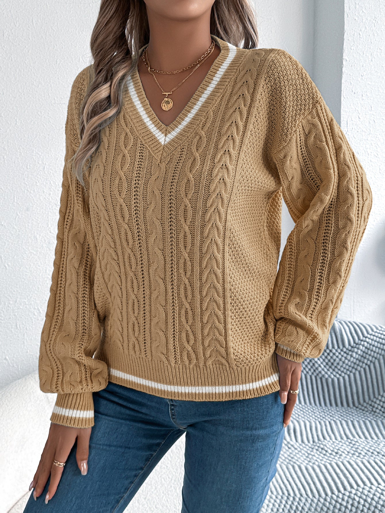 Color Block V-Neck Cable Knit Lantern Sleeve Sweater