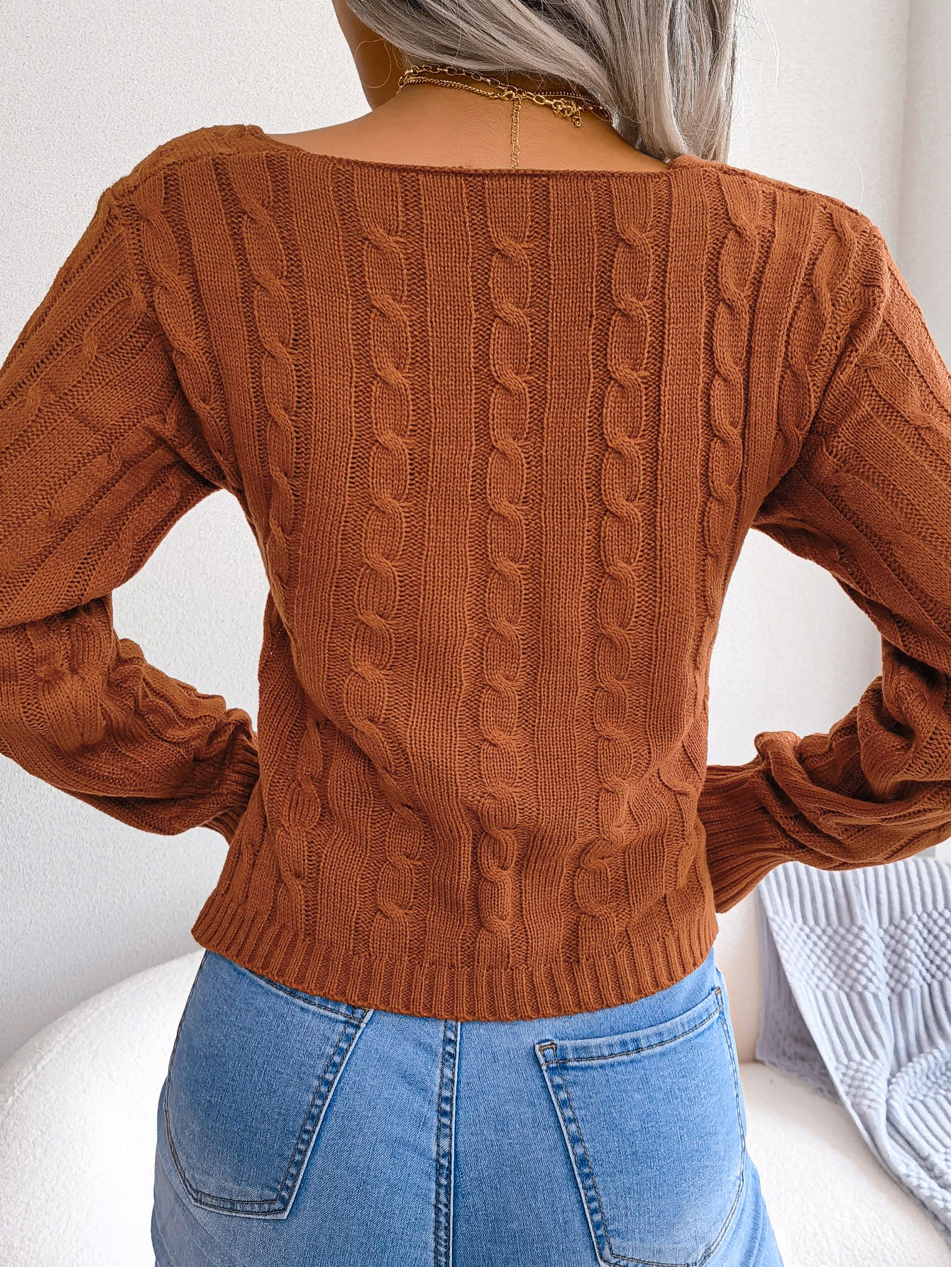 Women Sexy Cross V-Neck Cable Knit Long Sleeve Cropped Sweater