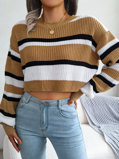 Casual Striped Long Sleeve Cropped Knit Sweater