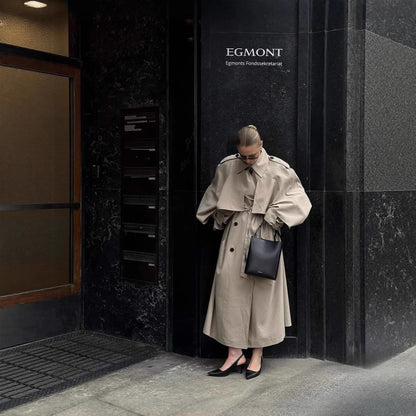 Women's Long Khaki Belted Cape Trench Coat