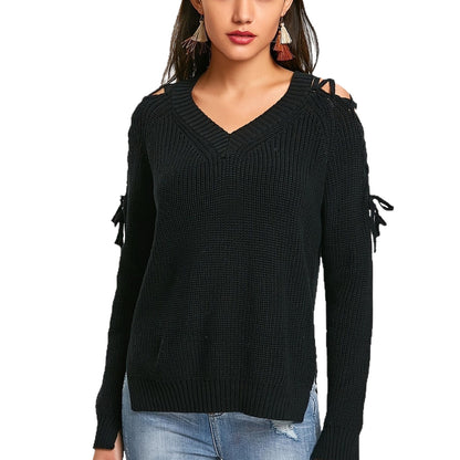 Hollow Knit Sweater Women Long Sleeve Tie Loose V-neck