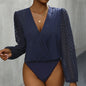 All-matching Solid Color And V-neck Pleated Lace See-through Long-sleeved Jumpsuit