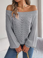 Casual Solid Color Hollow Out Off-Shoulder Lantern Sleeve Sweater