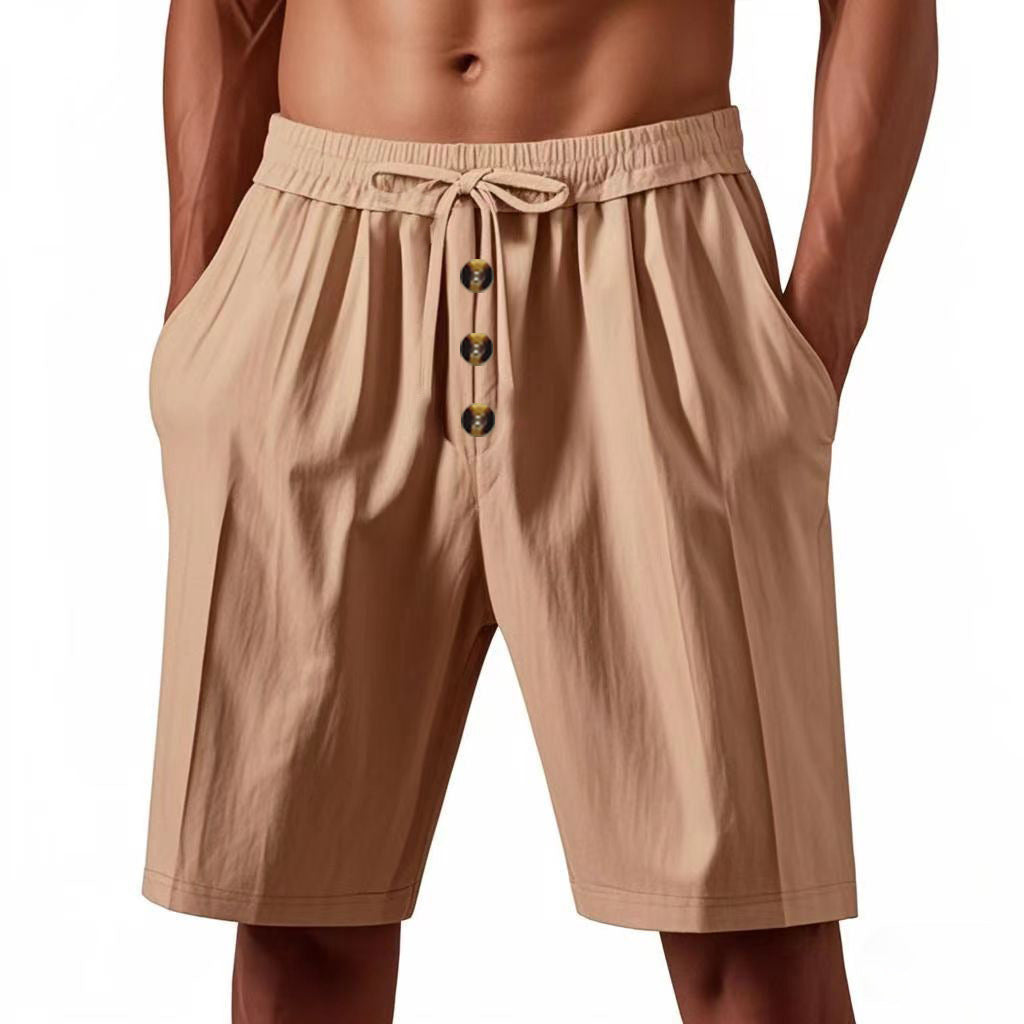 Mens Loose Linen Beach Casual Washed Button Cropped Sports Shorts