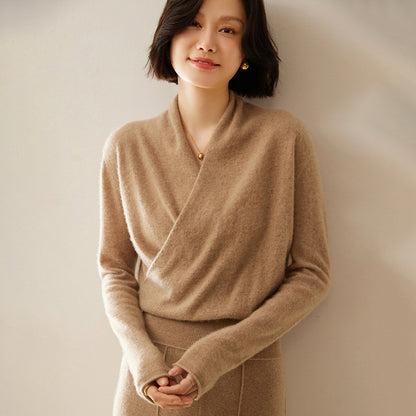 Women's Solid Color V-Neck Cross Cashmere Sweater Top