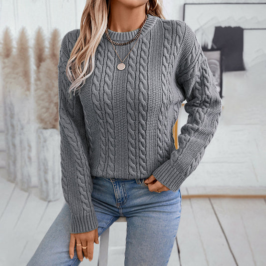 Women's Casual Solid Color Round Neck  Loose Retro Sweater