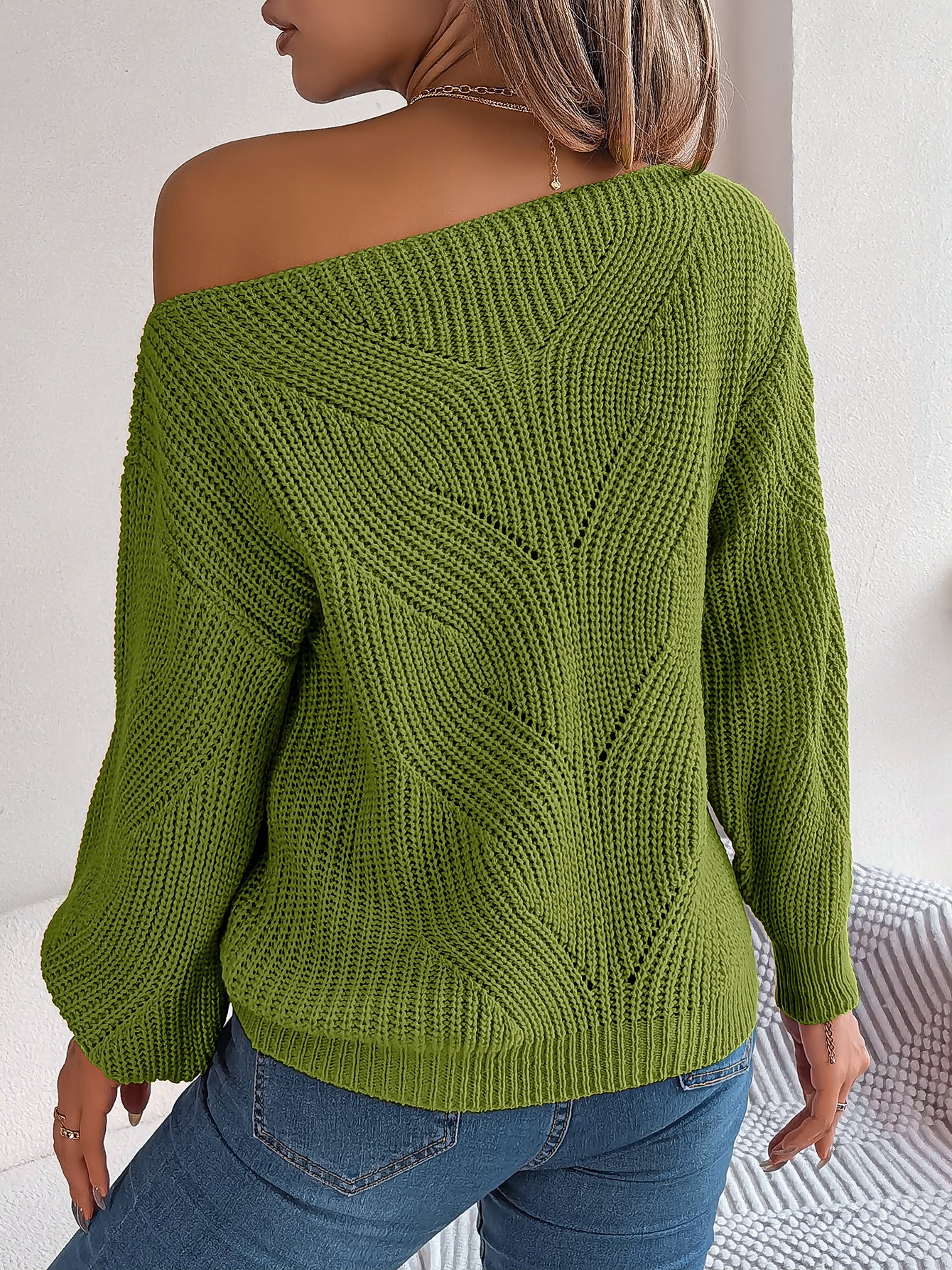 Casual Hollow Out Off-Shoulder Lantern Sleeve Sweater