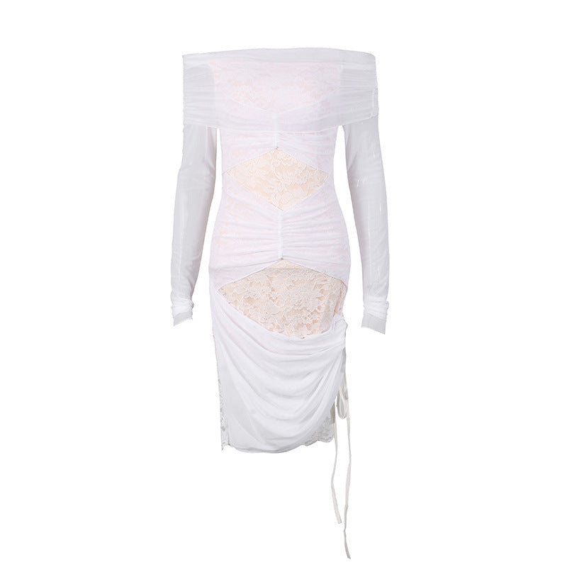 Off-shoulder Design Slim-fit Solid Color Dress