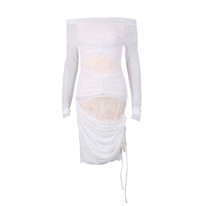 Off-shoulder Design Slim-fit Solid Color Dress