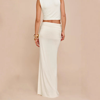Sleeveless Stacked Neckline Women's Top With Fashionable Pleated Long Skirt Two-piece Set