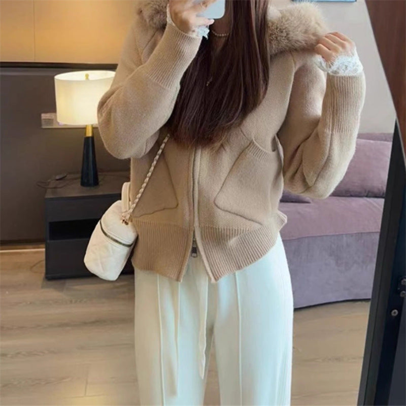 Maillard Coffee Color Fur Collar Hooded Sweater Coat Casual Style
