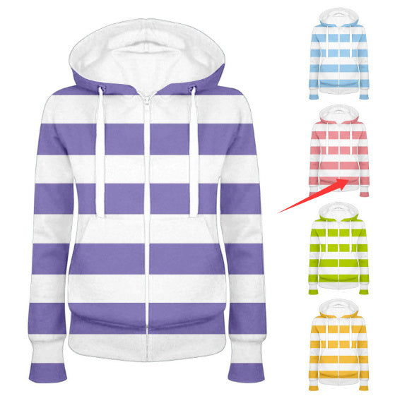 Loose Hooded Stripes Long-sleeve Zipper Sweatshirt Cardigan