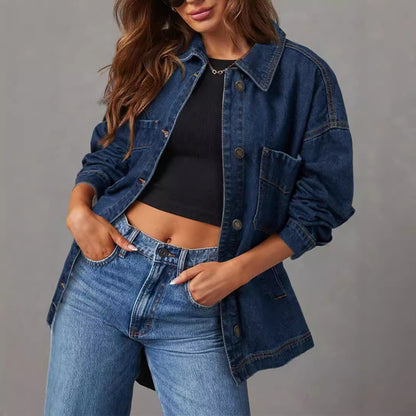Women's Denim Jacket Large Pocket Button Long Sleeve Split Denim