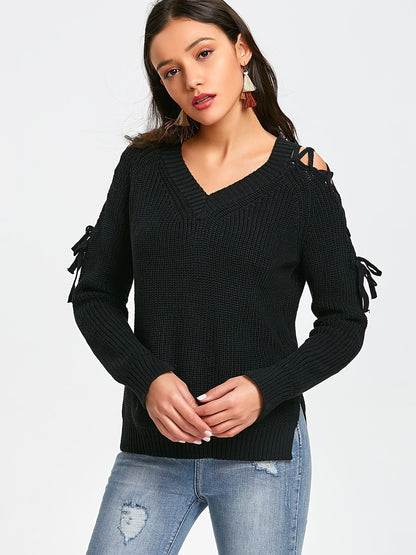 Hollow Knit Sweater Women Long Sleeve Tie Loose V-neck