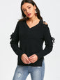 Hollow Knit Sweater Women Long Sleeve Tie Loose V-neck