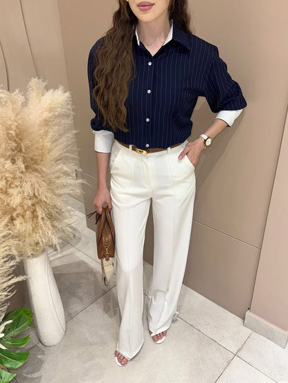 Navy Blue Pinstriped Shirt And Mermaid Skirt Set