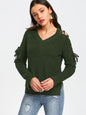 Hollow Knit Sweater Women Long Sleeve Tie Loose V-neck