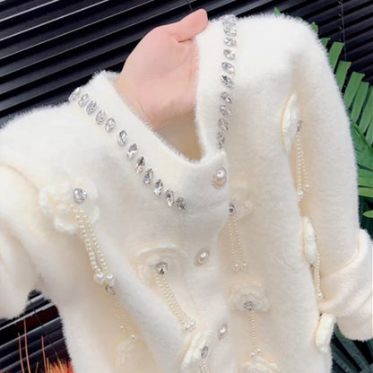 Gentle And Languid Style V-neck Beaded White Knit Cardigan