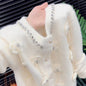 Gentle And Languid Style V-neck Beaded White Knit Cardigan