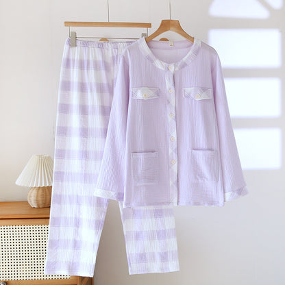 Spring Summer Cotton Gauze Thin Loose Long Sleeve Cardigan Homewear Suit