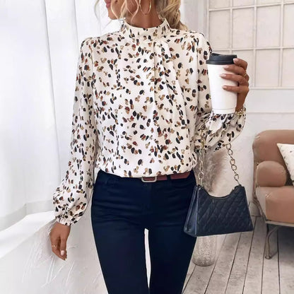 Printed Stand Collar All-matching Long Sleeve Top Women