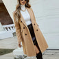 Women's Solid Color Double-Breasted Wool-Like Coat Notch Lapel Long Sleeve Mid-Length Overcoat With Pockets