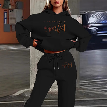 European And American Women's Letter Print Hooded Sweatshirt Fashion Casual Pants Set