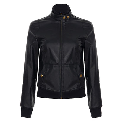 American Street Locomotive Style Waist Trimming Short Stand Collar PU Leather Jacket