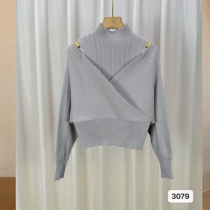 Spliced Long-sleeved Off-shoulder Knitted Slim-fit Semi-high Neck Sweater