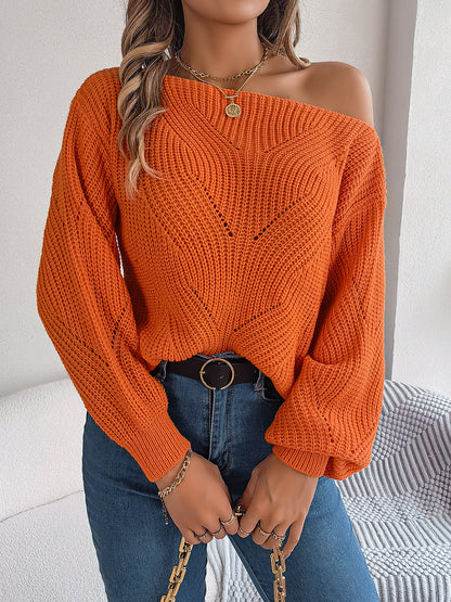 Casual Hollow Out Off-Shoulder Lantern Sleeve Sweater