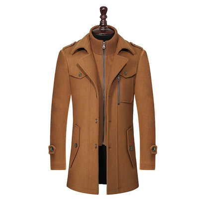 Men's Woolen Coat Double Collar Standard Vertical Zipper Coat Jacket