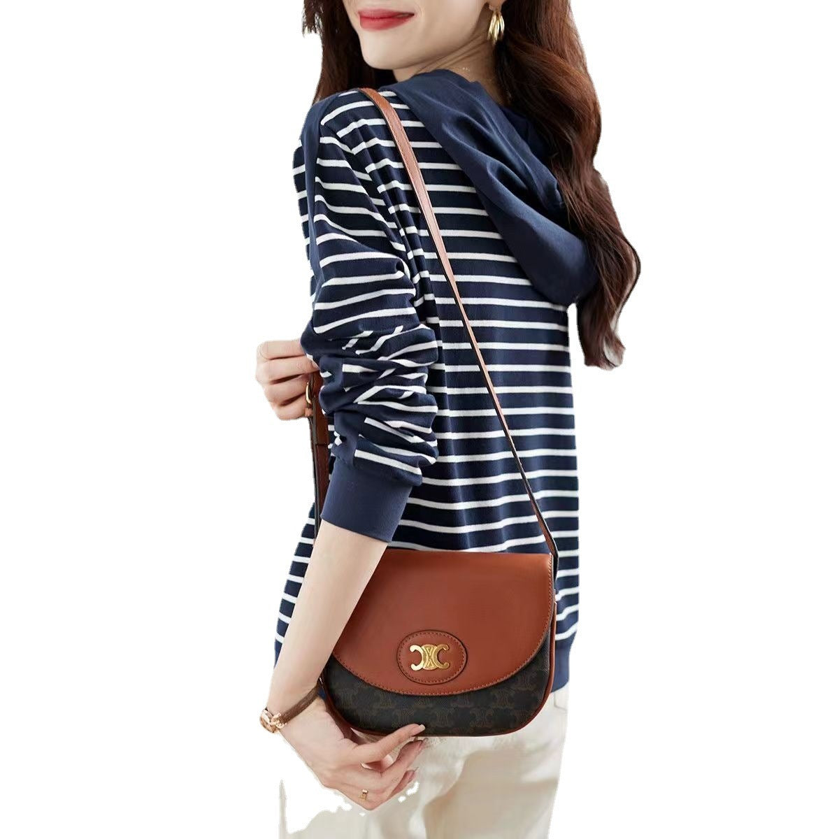 Simple Commute Hit Pocket Contrast Color Hooded Long Sleeve T-shirt