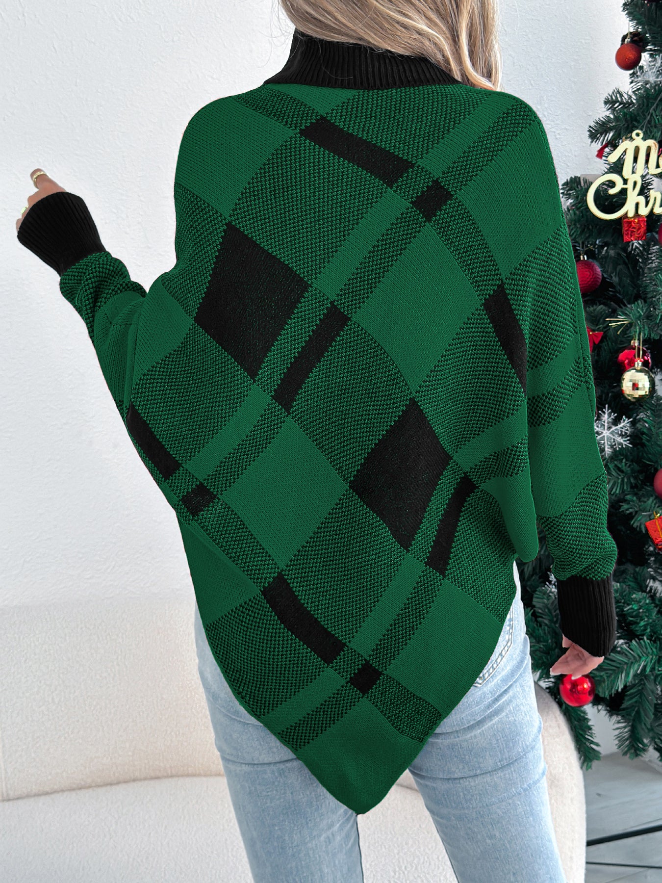 Casual Color Block Plaid High Neck Long Sleeve Poncho Sweater