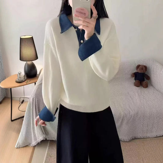 Simple Versatile Stand Collar Denim Stitching Loose Temperament Lazy Top