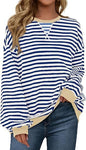 Fisoew Womens Striped Oversized Sweatshirt Color Block Crew Neck Long Sleeve Shirt Casual Loose Pullover Top Y2K Clothes