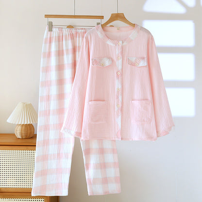 Spring Summer Cotton Gauze Thin Loose Long Sleeve Cardigan Homewear Suit