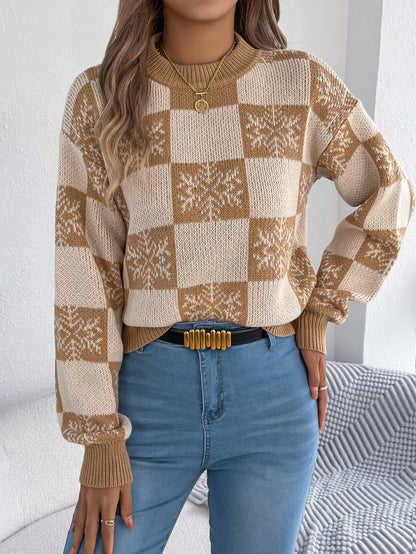 Snowflake Plaid Lantern Sleeve Pullover Sweater