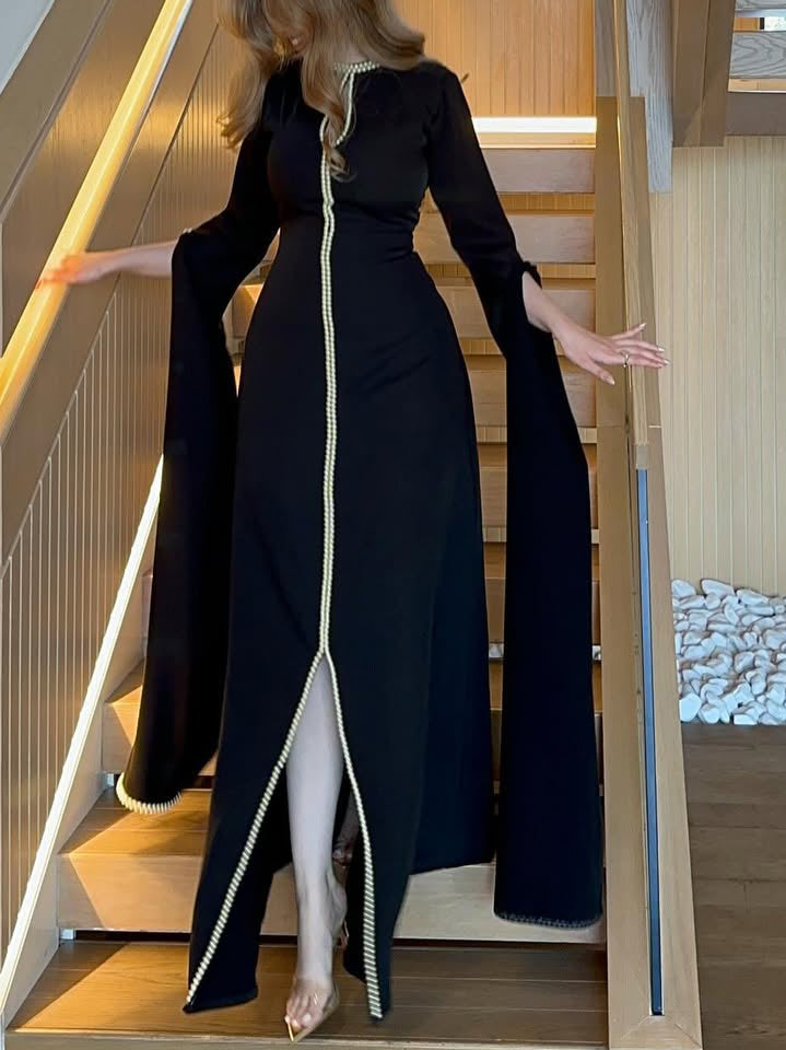 Black Maxi Dress With Pearl Trim And Cape Sleeves