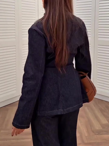 Dark Blue Denim Peplum Jacket And Flared Pants Set