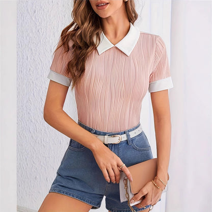White Collar Contrast Color Lapels Short Sleeve