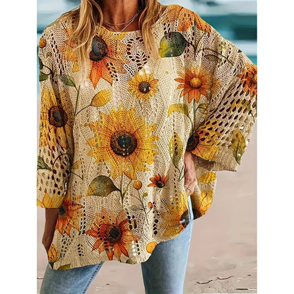 Women's Sunflower Print Sweater Hollow Out Drop Shoulder Crew Neck Long Sleeve Knit Pullover Tops