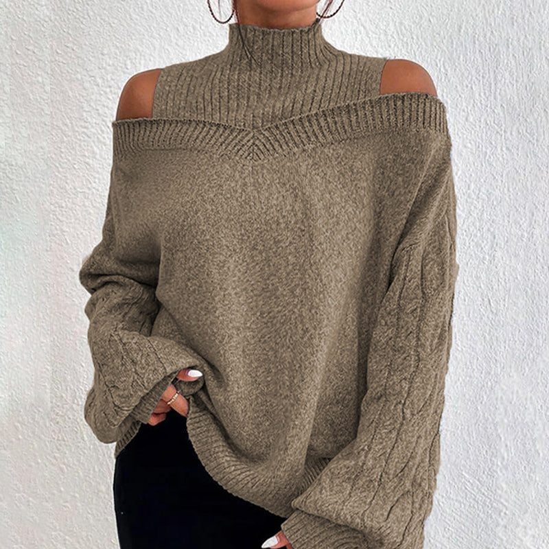 Women's Cold Shoulder Sweater - Sexy High Neck Cut Out Pullover Long Sleeve Top