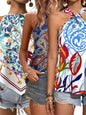 Printed Notched Neck Sleeveless Tank Top  3PC Set