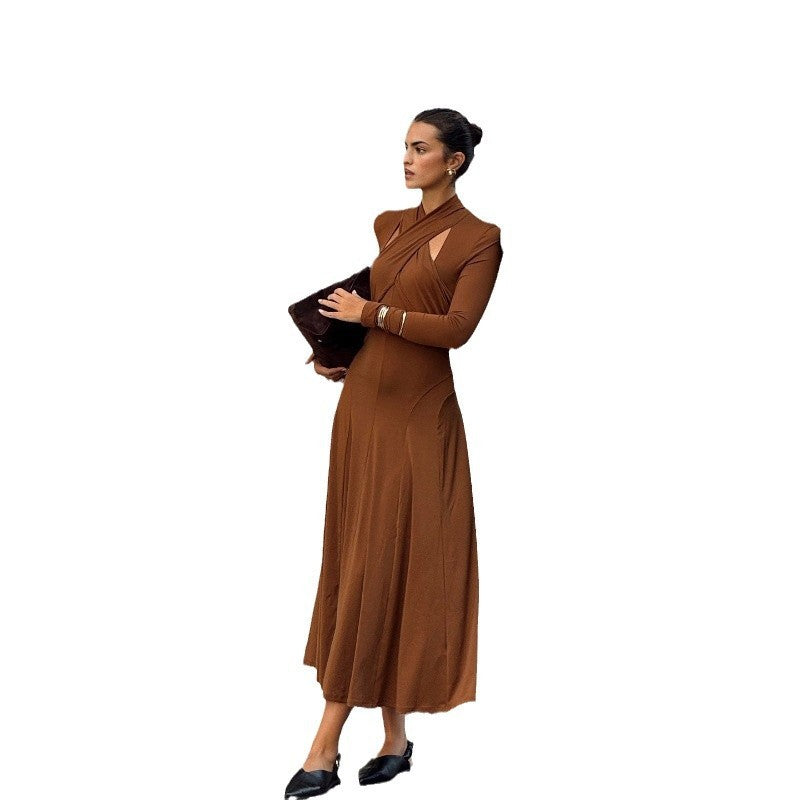 Fashion Slim Fit Pure Color Halter Long Sleeve Dress