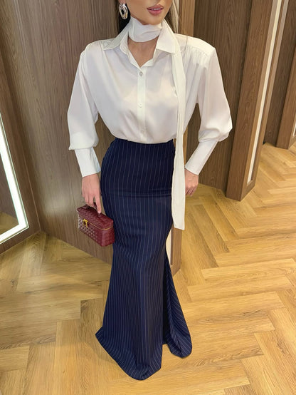 Navy Blue Pinstriped Shirt And Mermaid Skirt Set