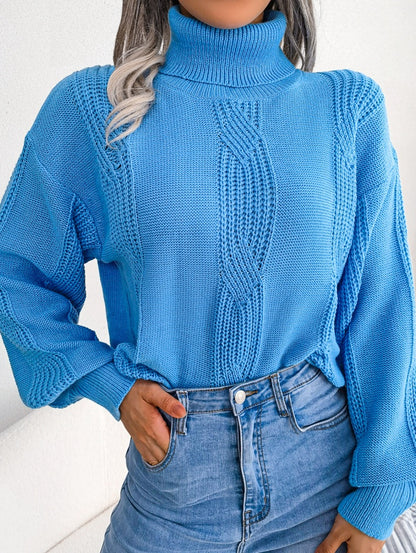 Women Turtleneck Cable Knit Lantern Sleeve Sweater Top