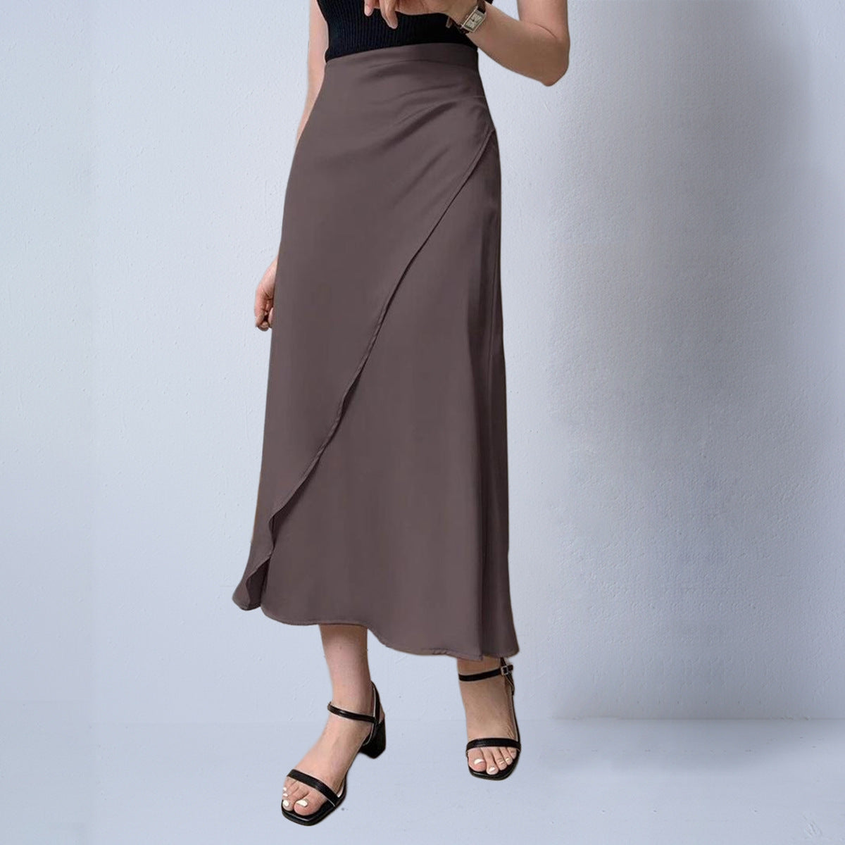 Autumn New Faux Silk Midi Skirt Satin